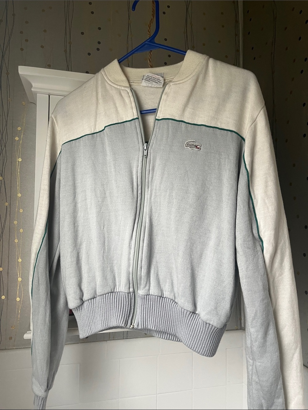Vintage Lacoste Light Gray and Cream Zip-Front Bomber Jacket